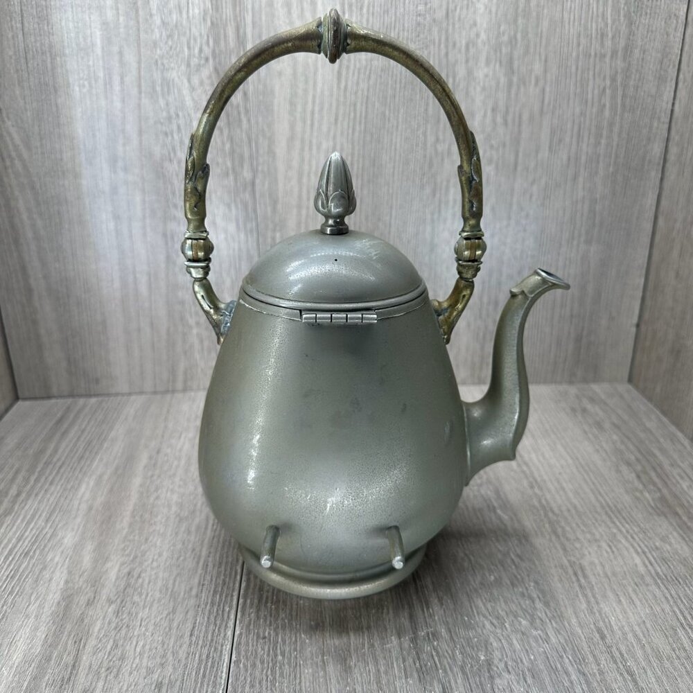 Vintage Decorative Metal Teapot with Ornate Brass Handle Hinged Lid Silver Tone